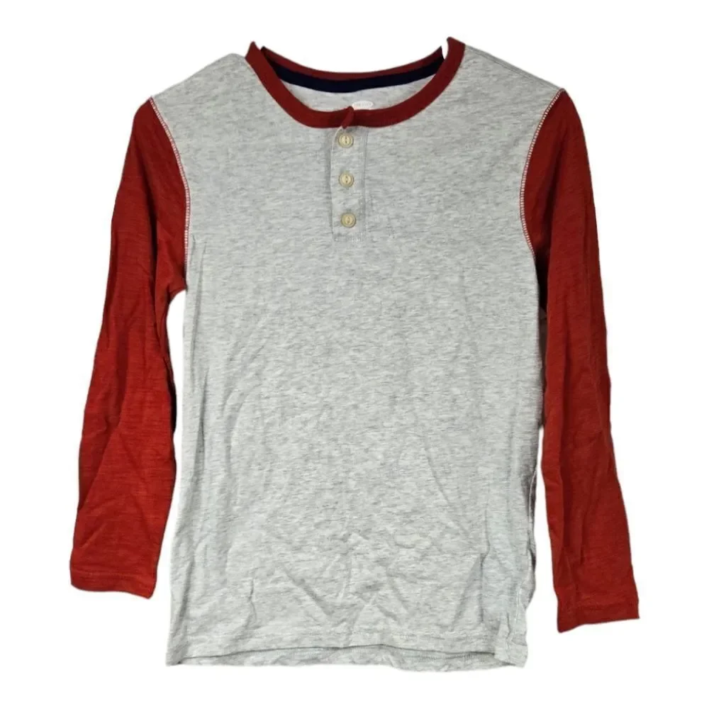 OLD NAVY Kids 10/12 Boys Gray/Red Long Sleeve Henley T-Shirt Casual Sporty Tee